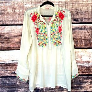 Johnny Was White Top with Multicolor Embroidery